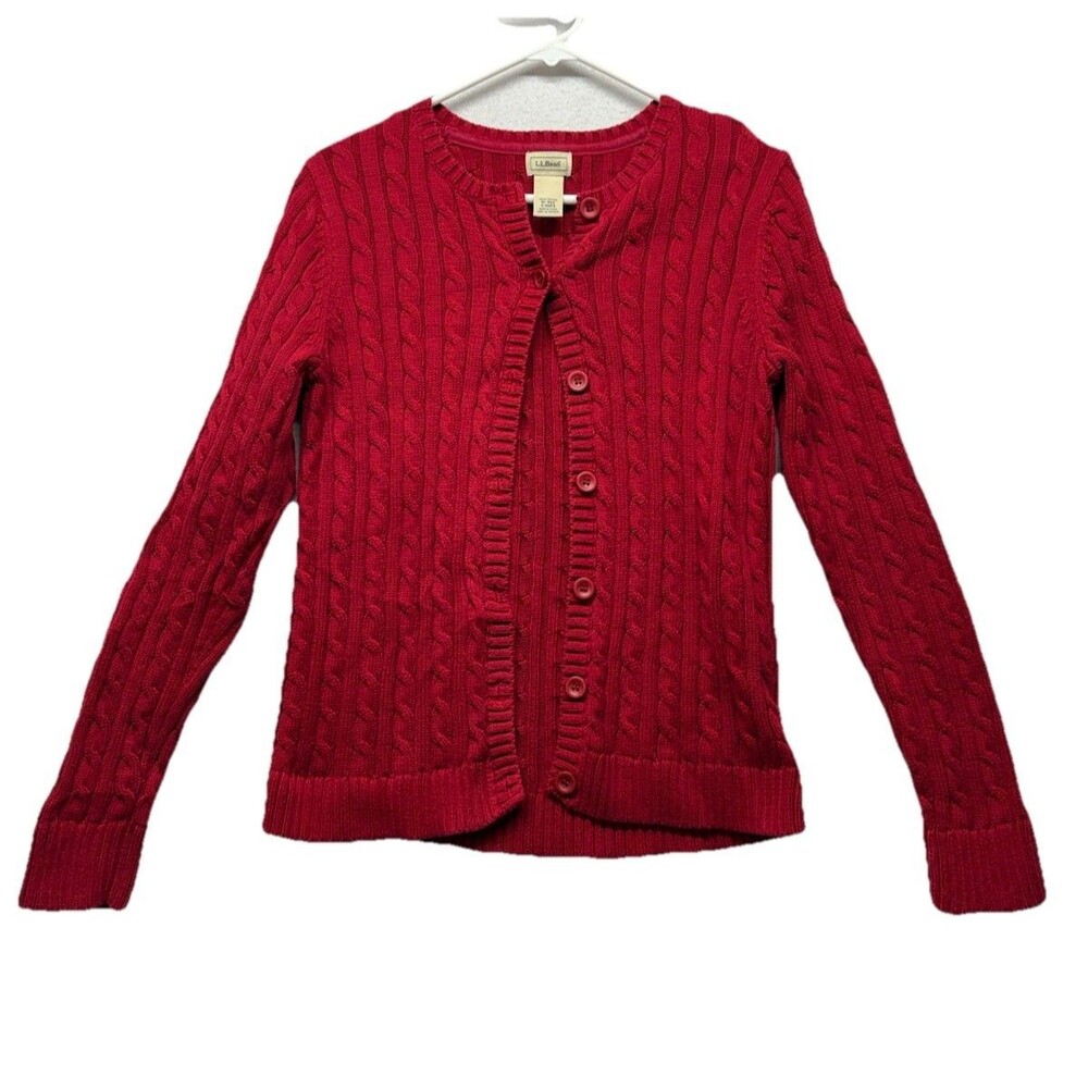 LL Bean Women's Red Sweater M Cardigan Button up Cable Knit Heavy 100% Cotton